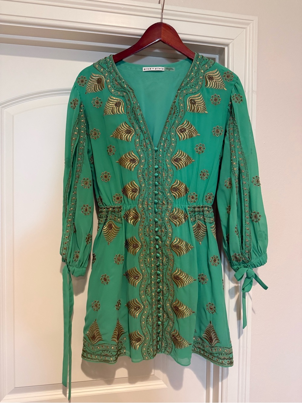 Alice + Olivia Emerald Green Embellished V-Neck Dress